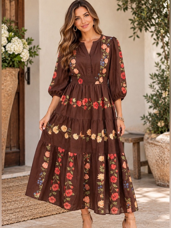 Polagram Dresses & Skirts - Polagram NWT Brown Floral Smocked Waist Tiered Boho Maxi Dress